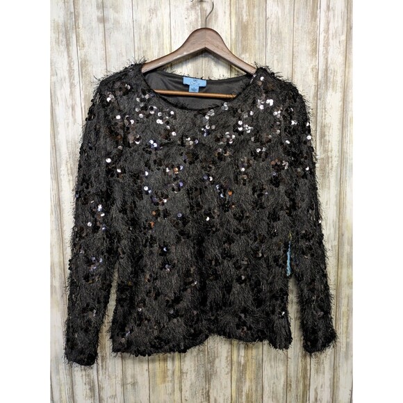 CeCe Black Sequin Feather Fringe Cocktail Top Long Sleeve Women's Small NWT $89 - Picture 1 of 11